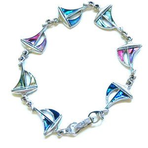 SJ Silver Tone with Paua Imitating Iridescent Enamel Inlay Sailboat Bracelet